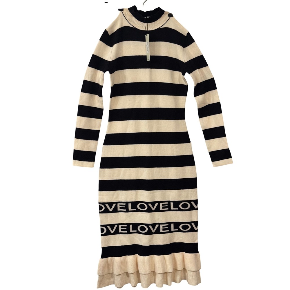 Never Fully Dressed Love Ruffle Midi Dress Cream Black Striped Sweater Dress M
